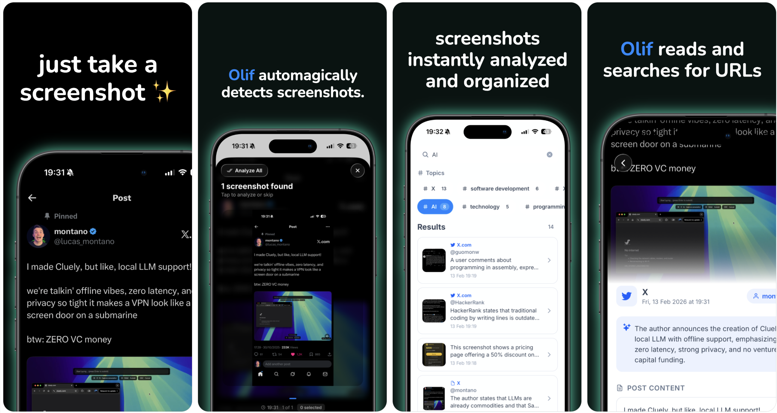 Olif app showing screenshot detection, AI analysis, organization, and link finding